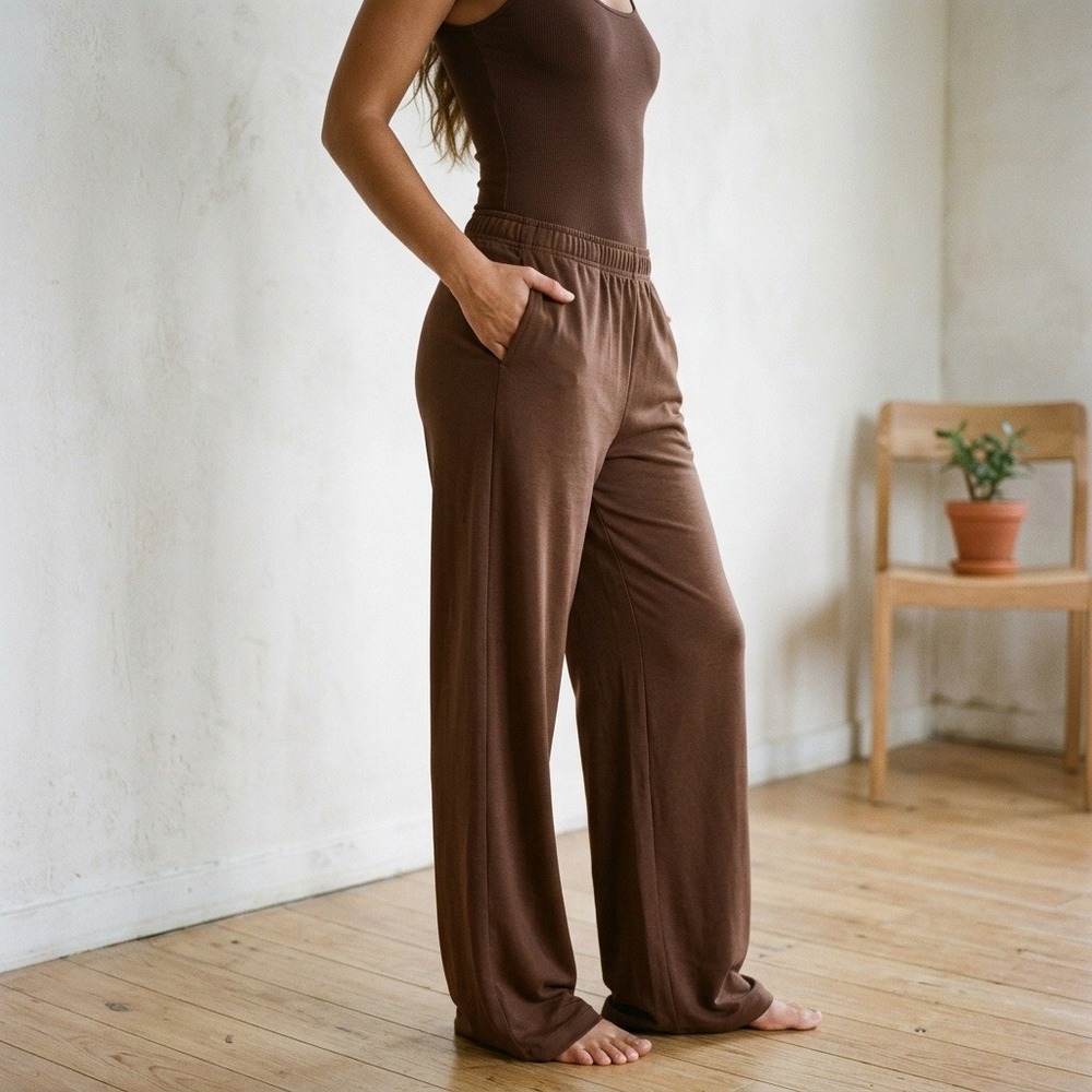 Skims Womens Soft Lounge Pants Medium Brown High Waisted Wide Leg Loungewear